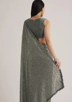Grey Sequins Net Saree