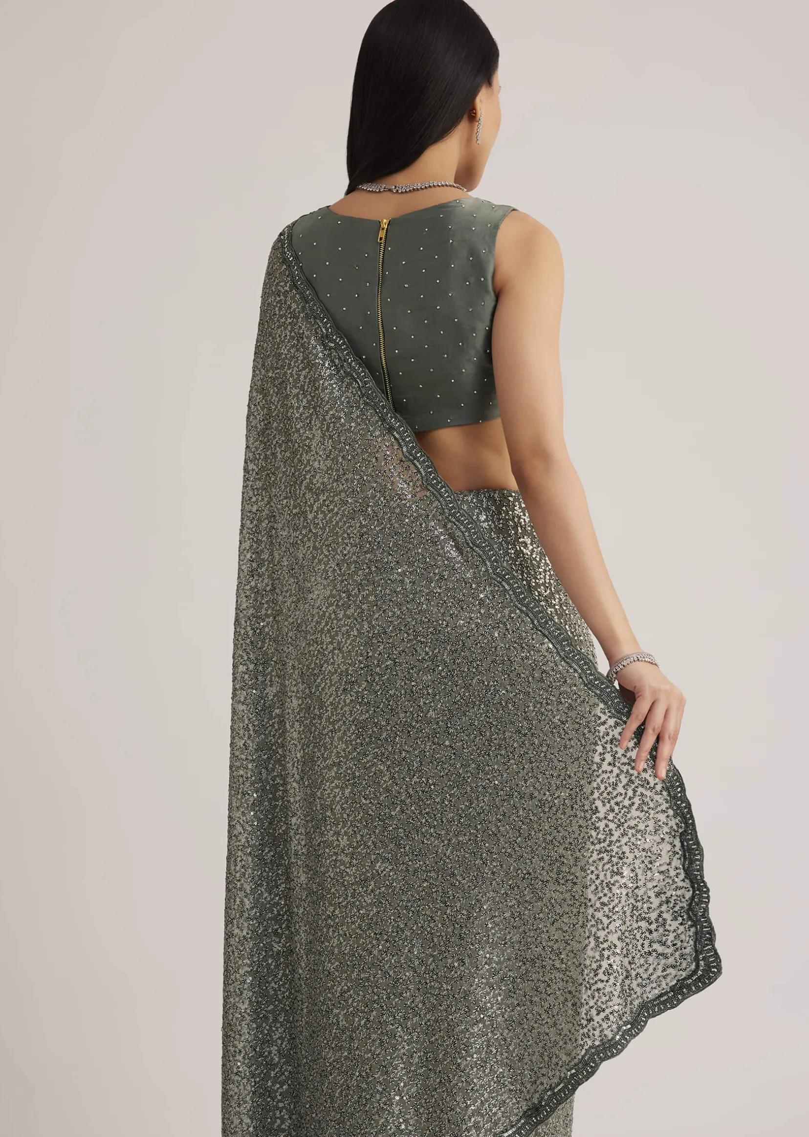 Grey Sequins Net Saree
