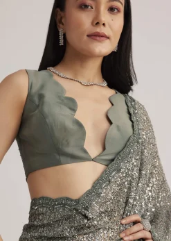 Grey Sequins Net Saree