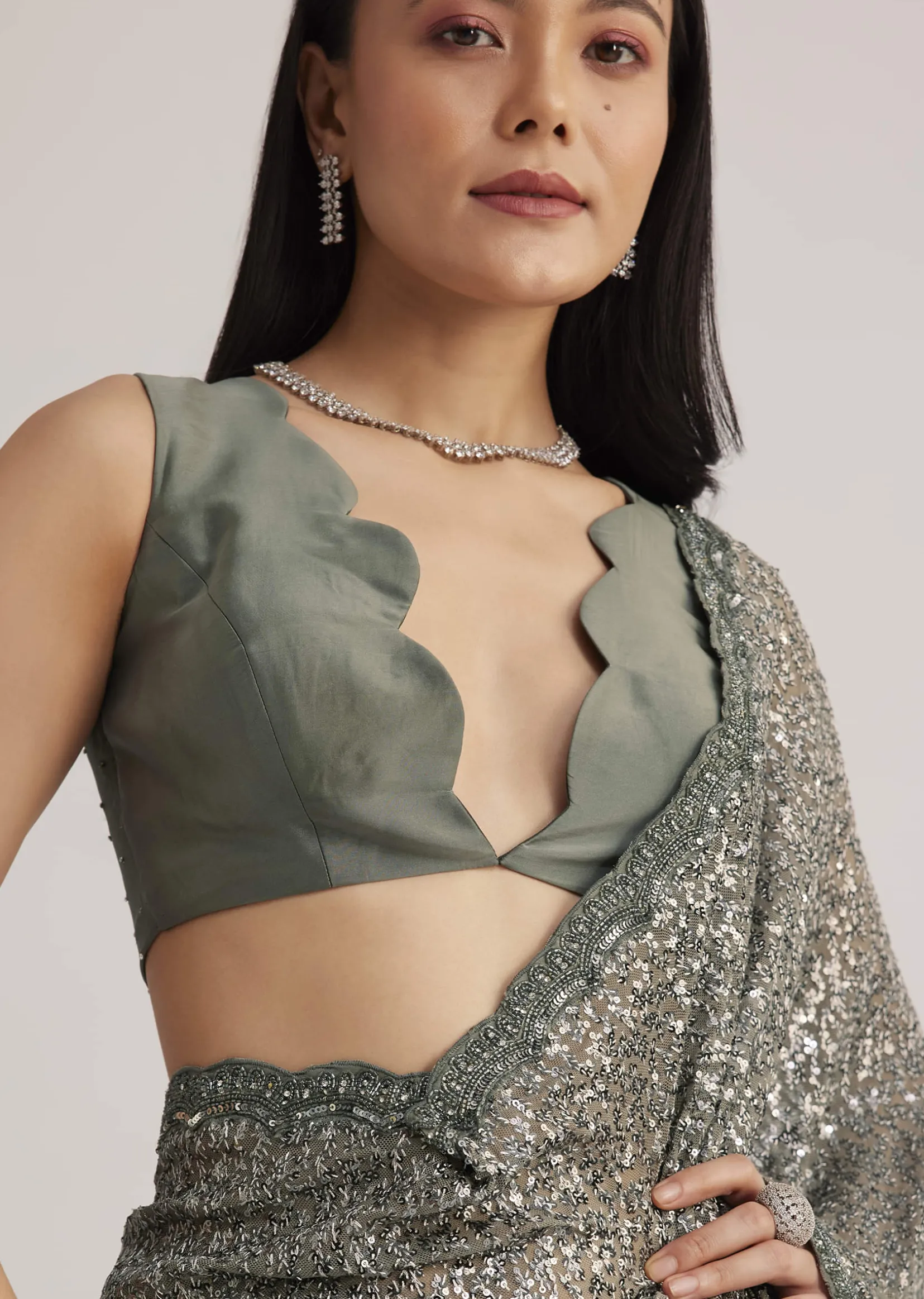 Grey Sequins Net Saree