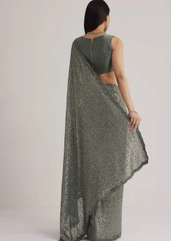 Grey Sequins Net Saree