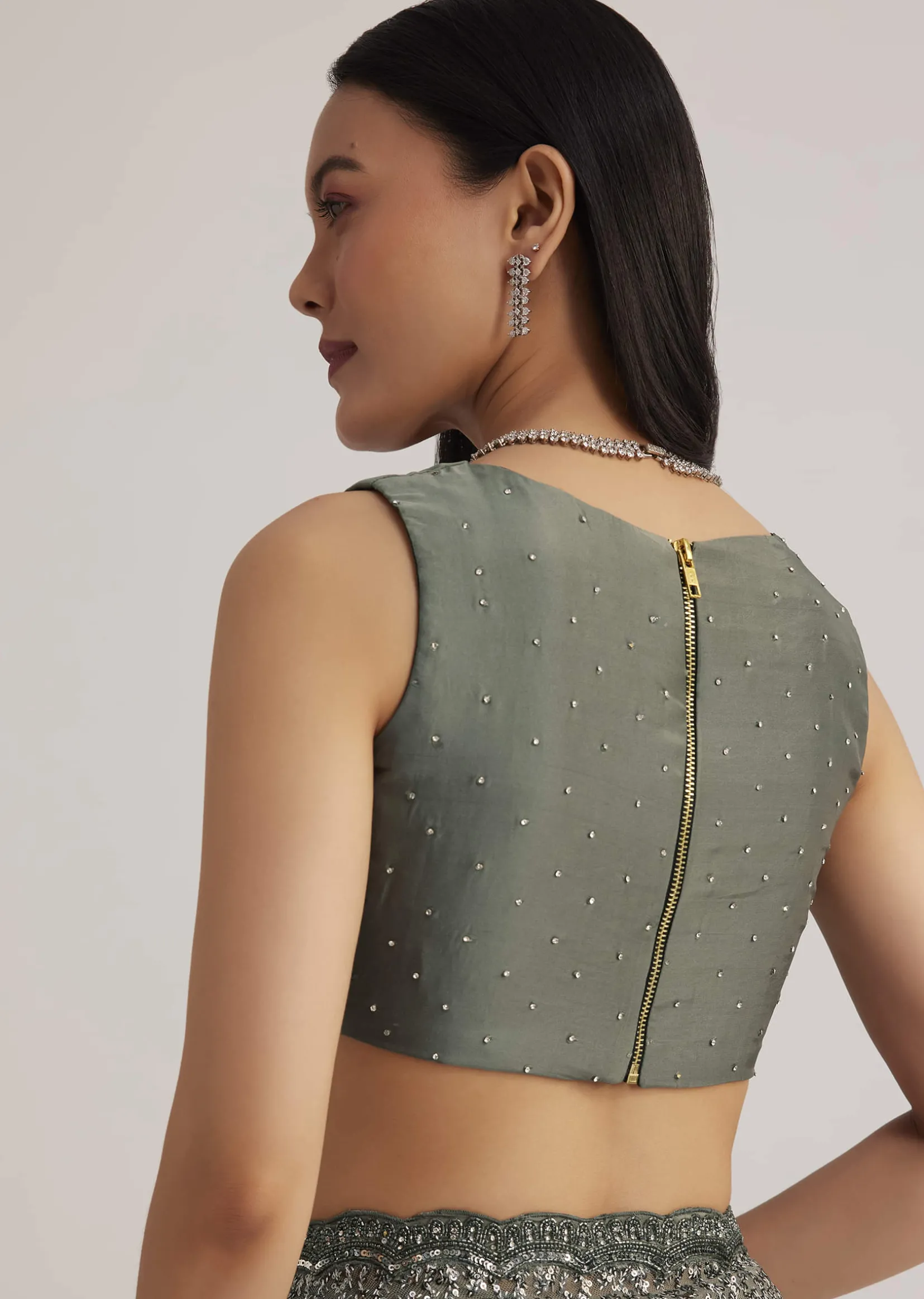 Grey Sequins Net Saree