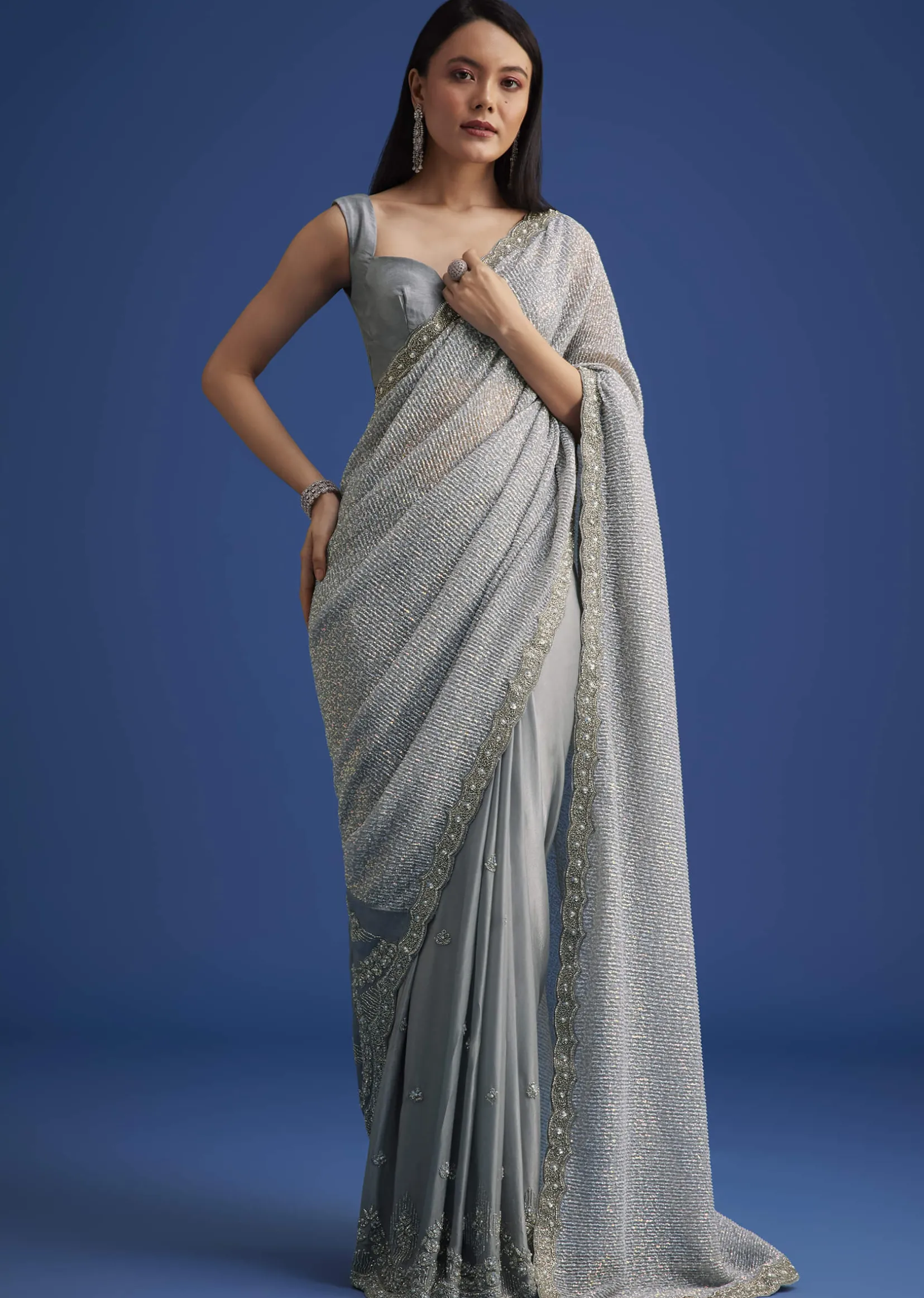 Grey Sequins Saree With Scalloped Embroidered Border