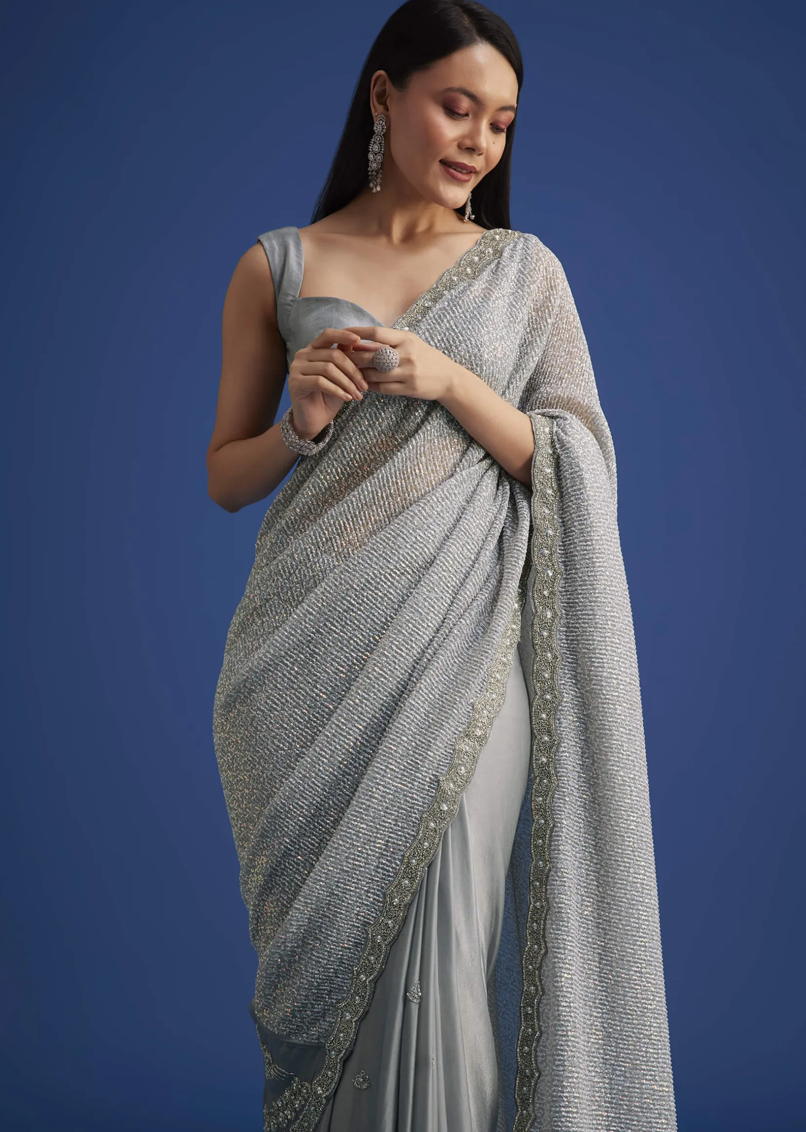 Grey Sequins Saree With Scalloped Embroidered Border