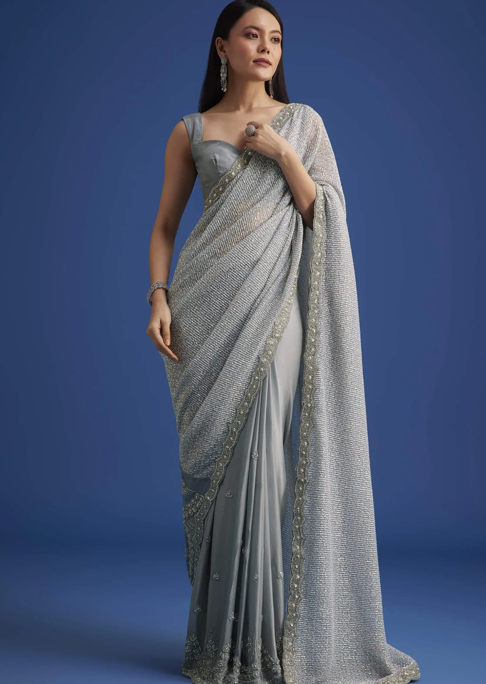 Grey Sequins Saree With Scalloped Embroidered Border
