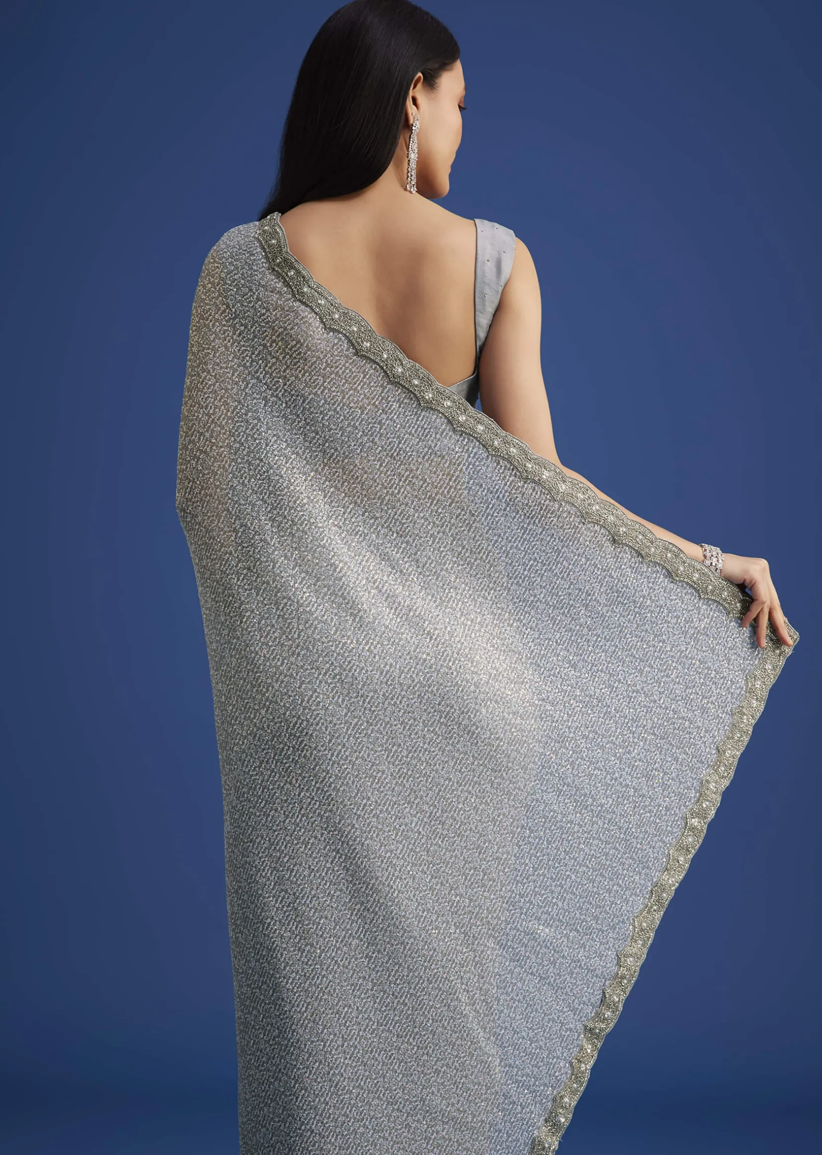 Grey Sequins Saree With Scalloped Embroidered Border