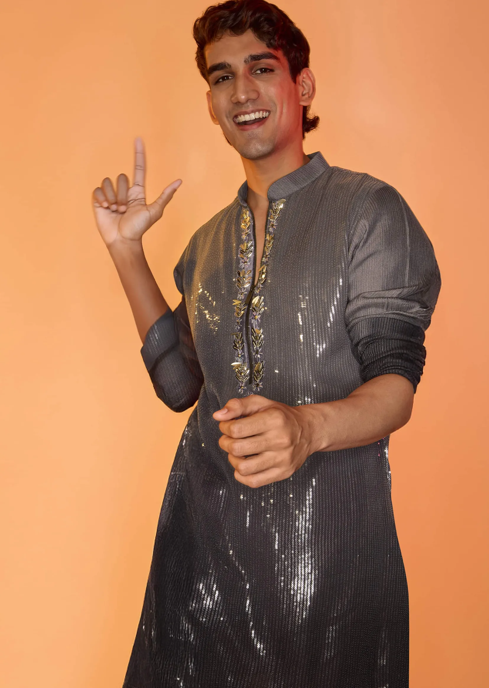 Grey Shaded Sequin Zipper Kurta With Black Pants
