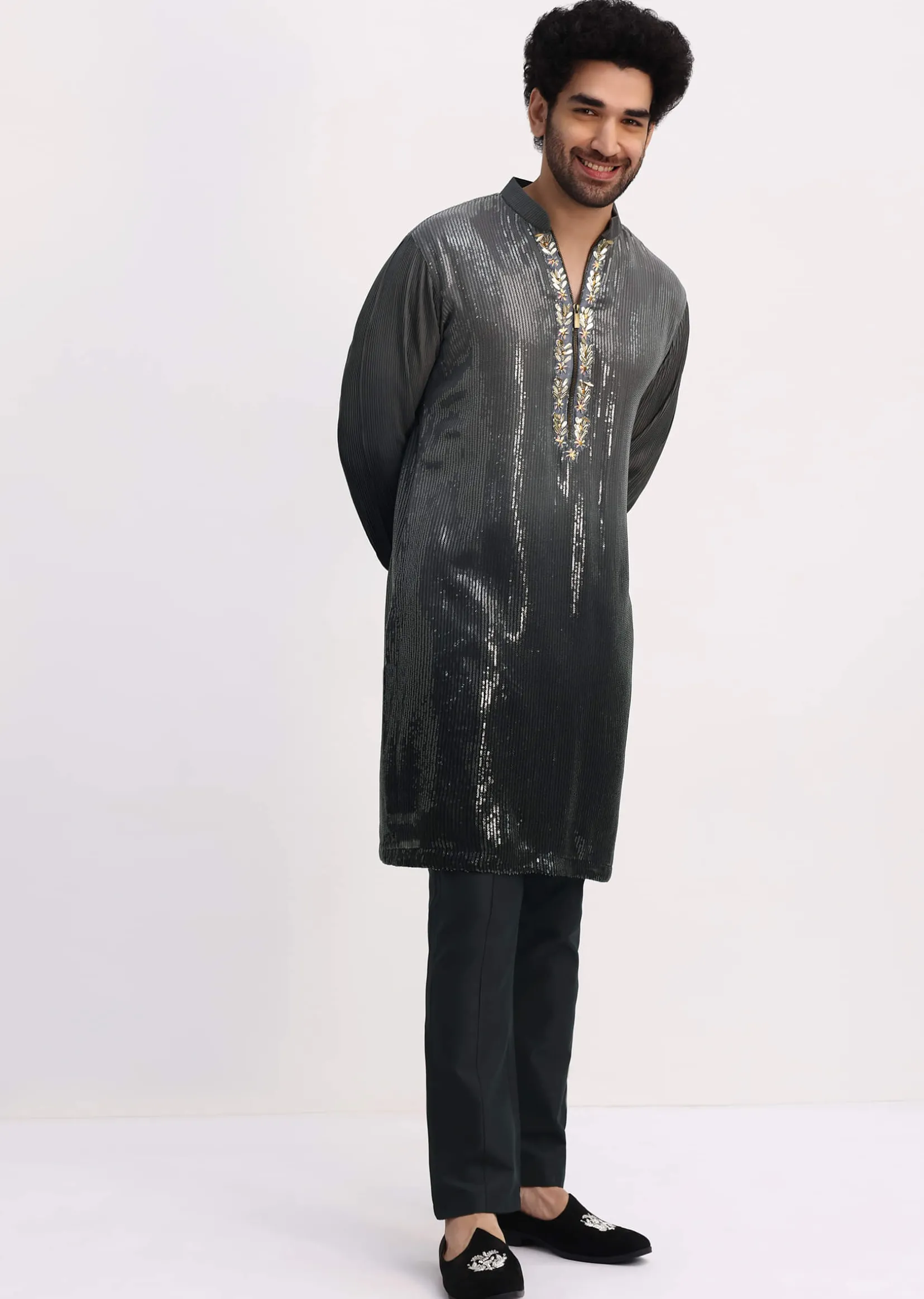 Grey Shaded Sequin Zipper Kurta With Black Pants