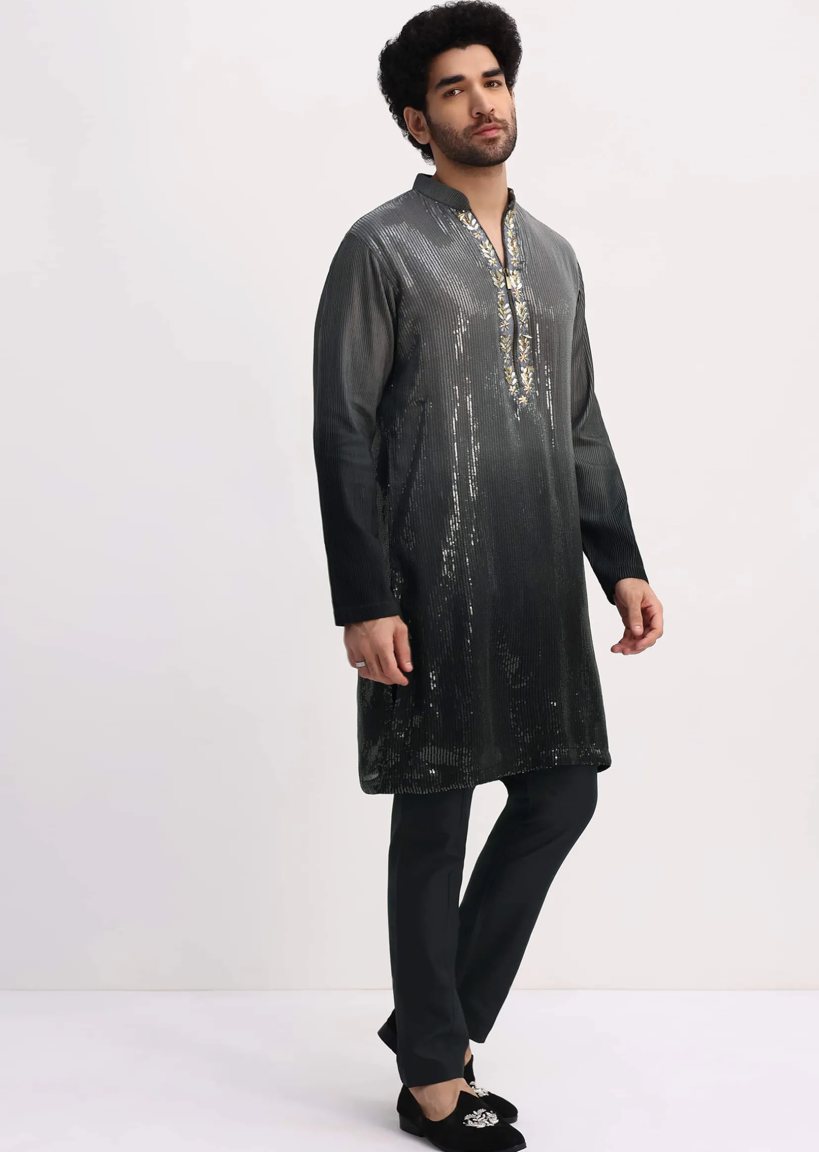 Grey Shaded Sequin Zipper Kurta With Black Pants
