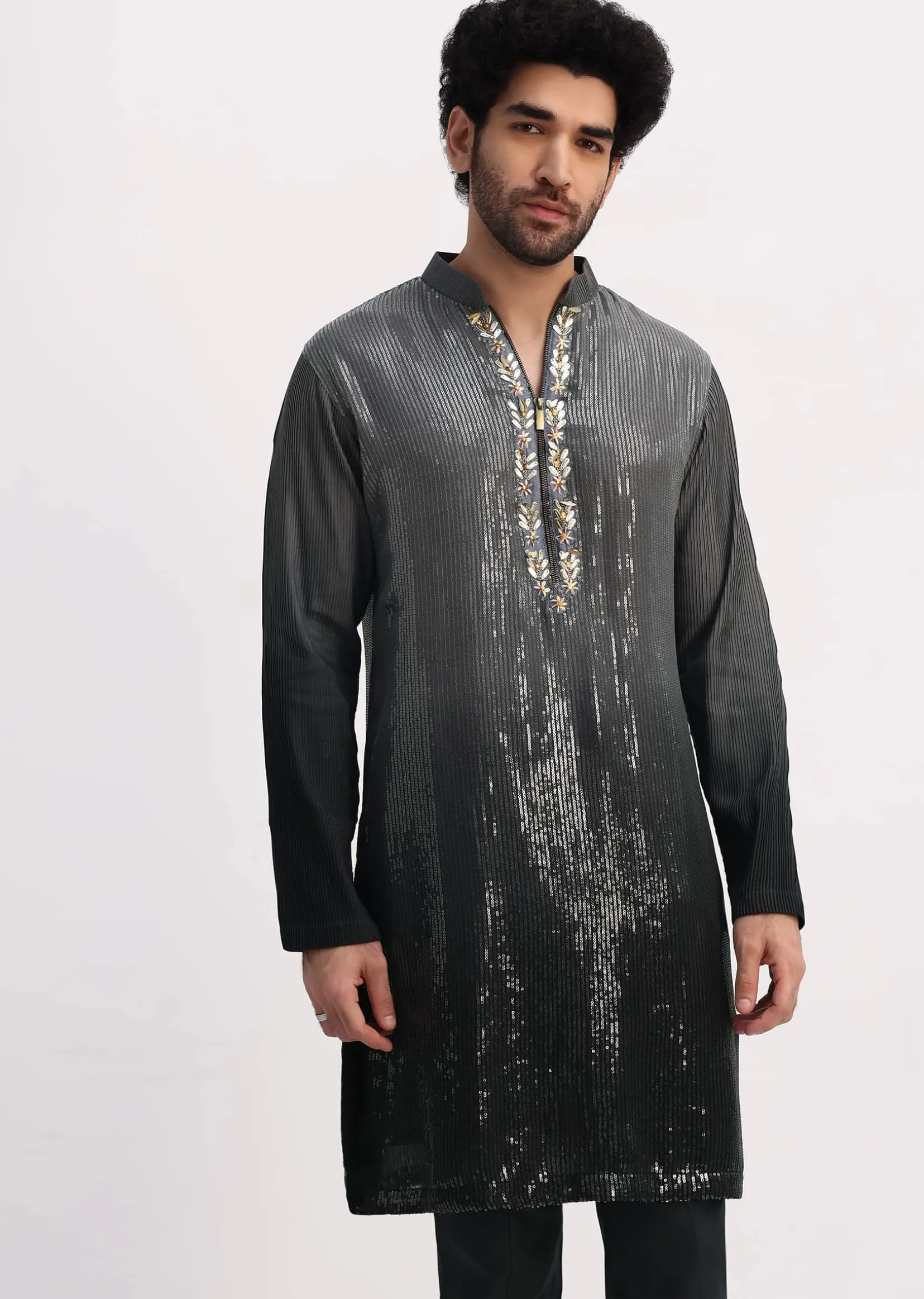 Grey Shaded Sequin Zipper Kurta With Black Pants