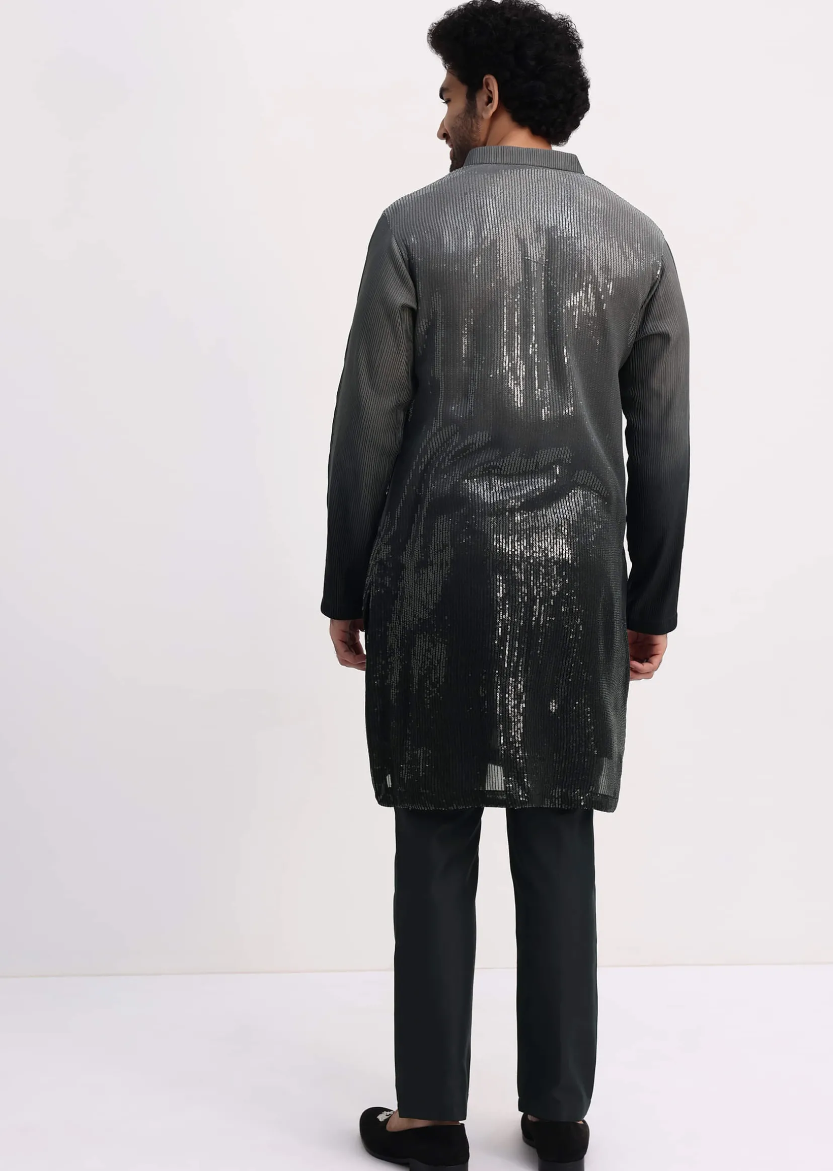 Grey Shaded Sequin Zipper Kurta With Black Pants