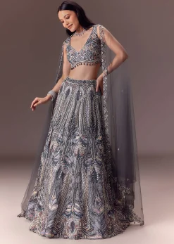 Grey Shimmer Net Lehenga Set With Cape Style Dupatta