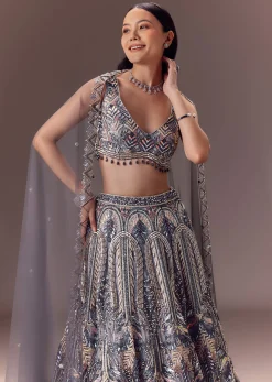 Grey Shimmer Net Lehenga Set With Cape Style Dupatta