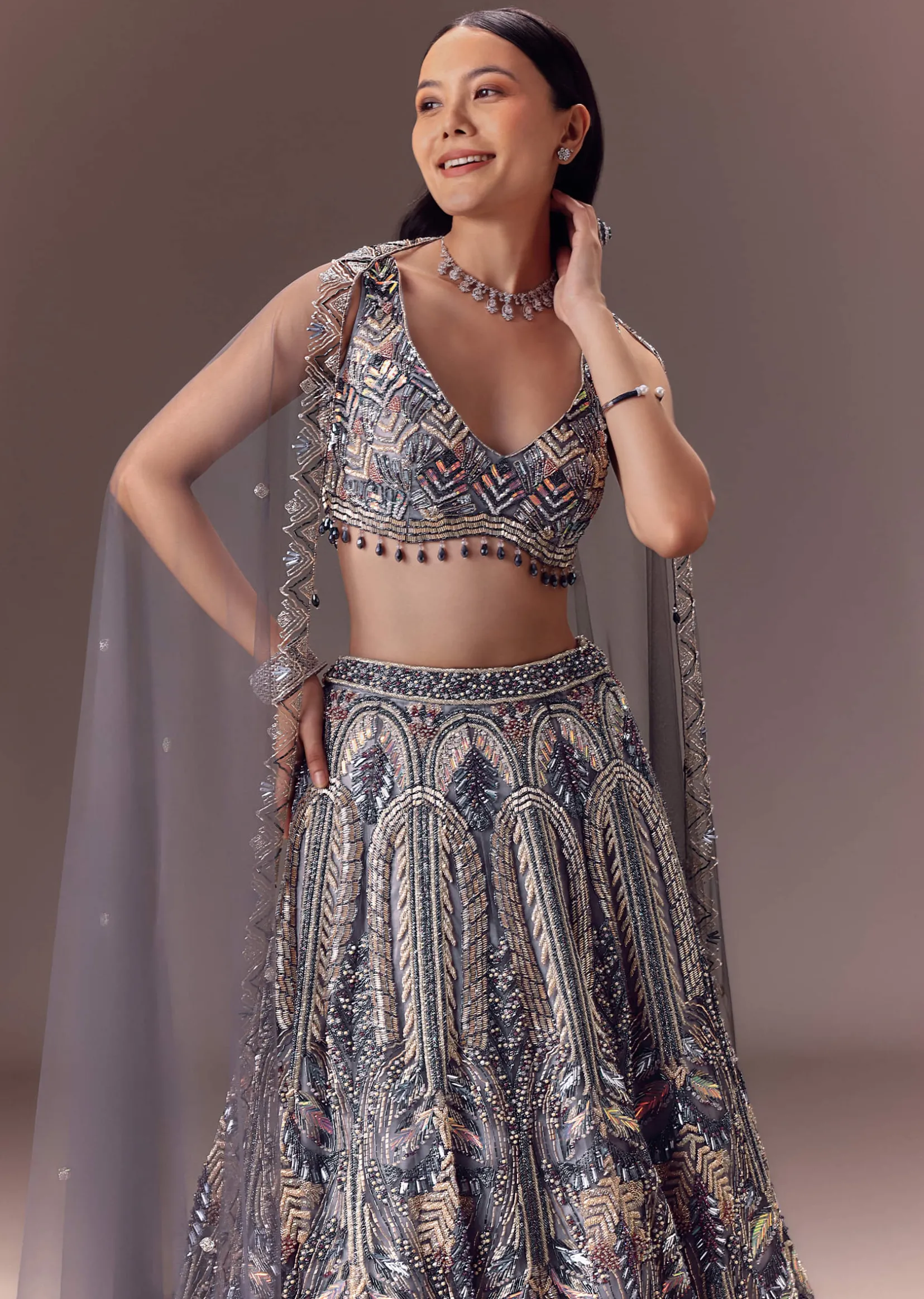 Grey Shimmer Net Lehenga Set With Cape Style Dupatta