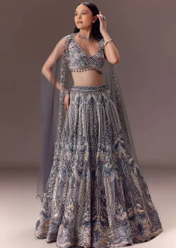 Grey Shimmer Net Lehenga Set With Cape Style Dupatta
