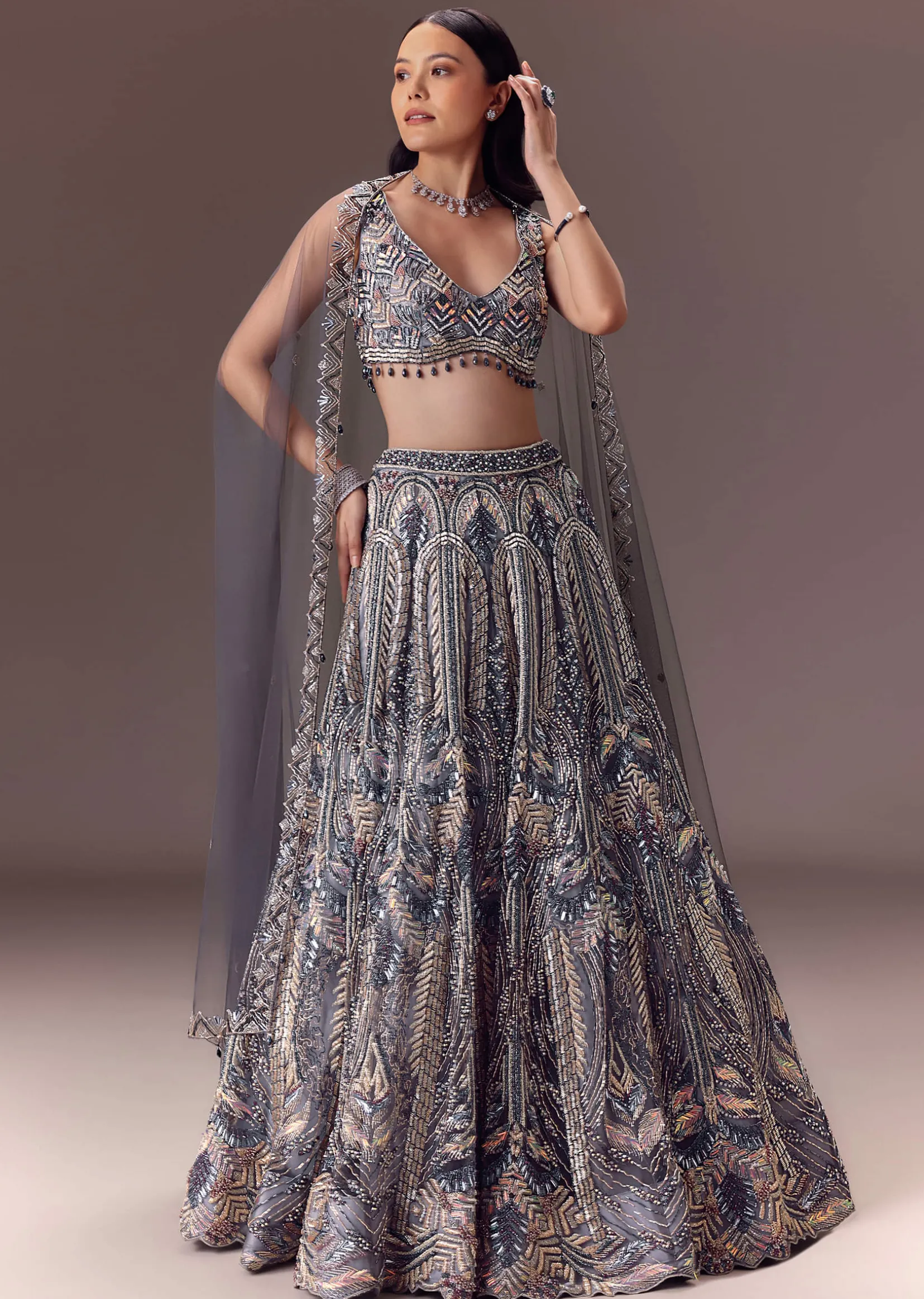 Grey Shimmer Net Lehenga Set With Cape Style Dupatta