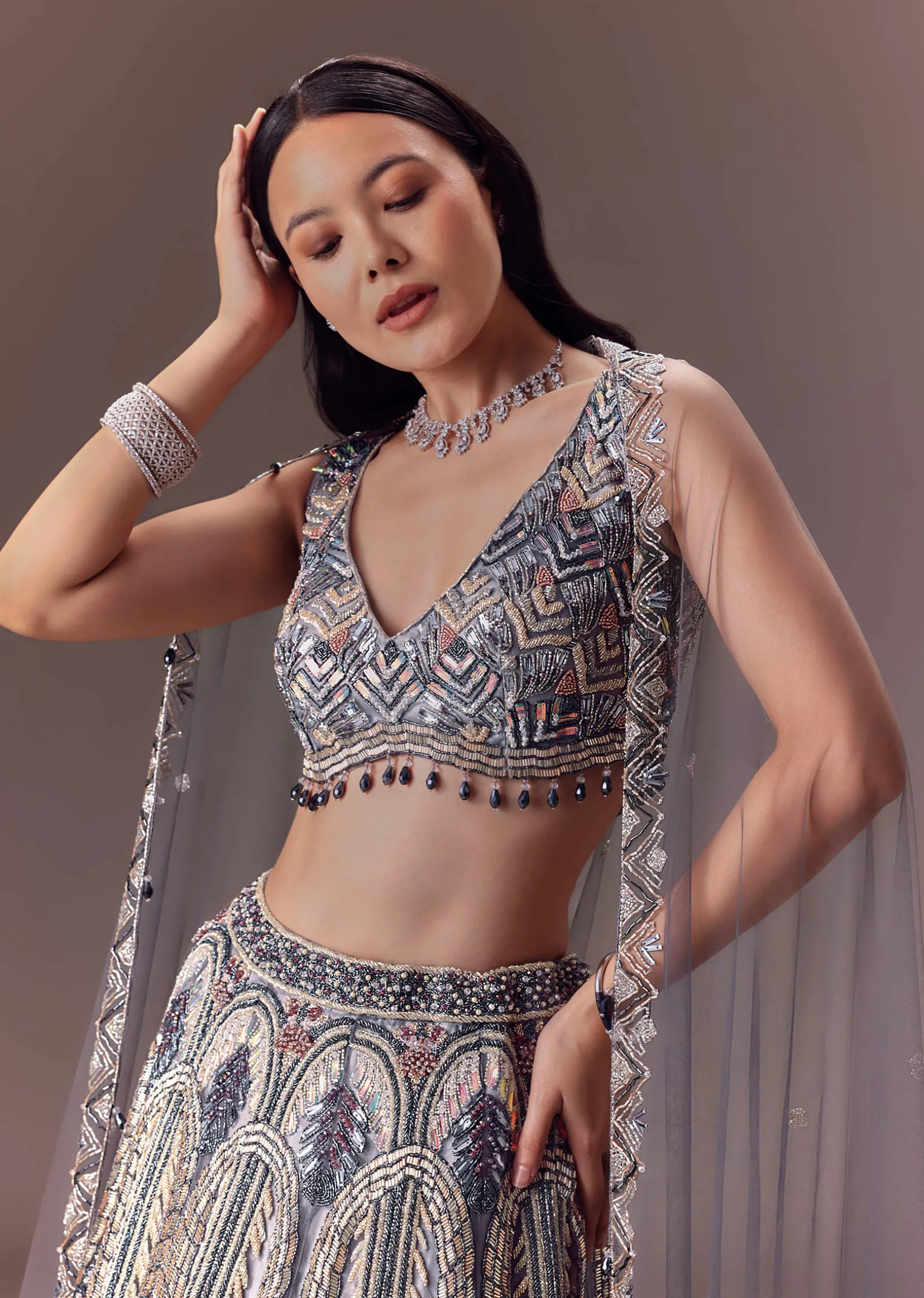 Grey Shimmer Net Lehenga Set With Cape Style Dupatta