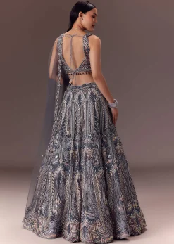Grey Shimmer Net Lehenga Set With Cape Style Dupatta