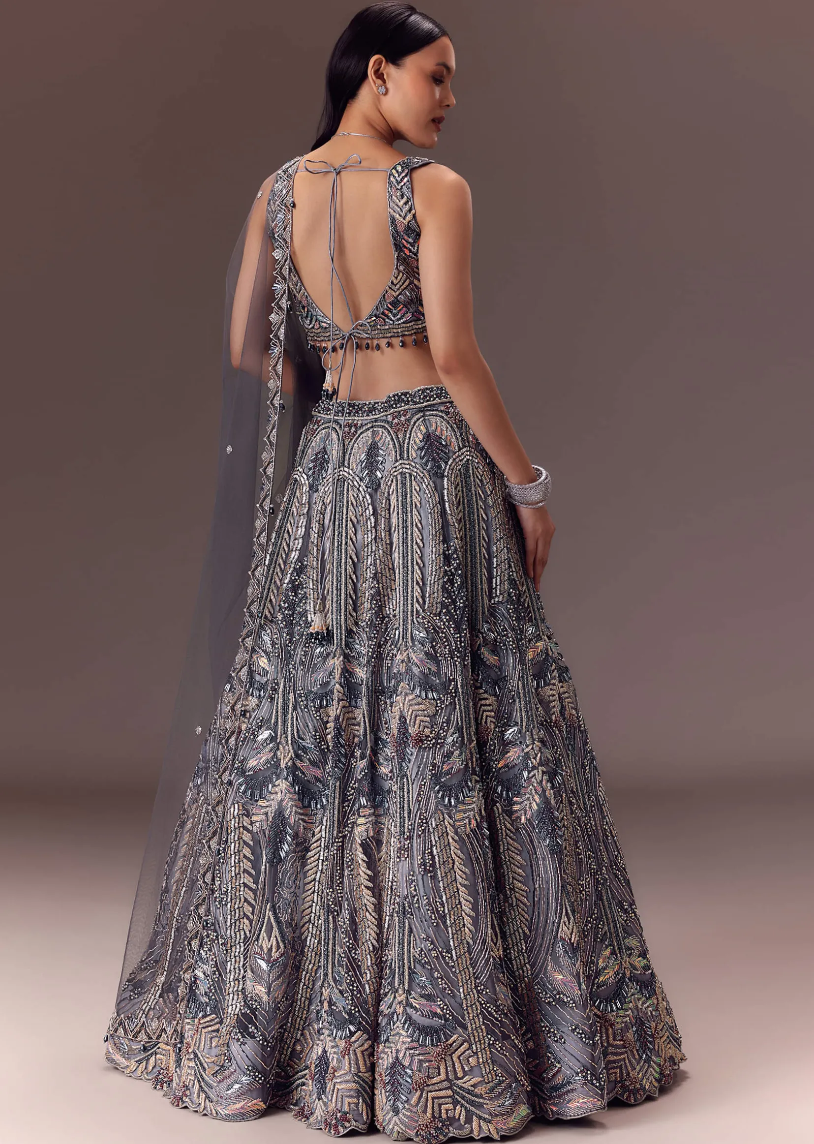 Grey Shimmer Net Lehenga Set With Cape Style Dupatta