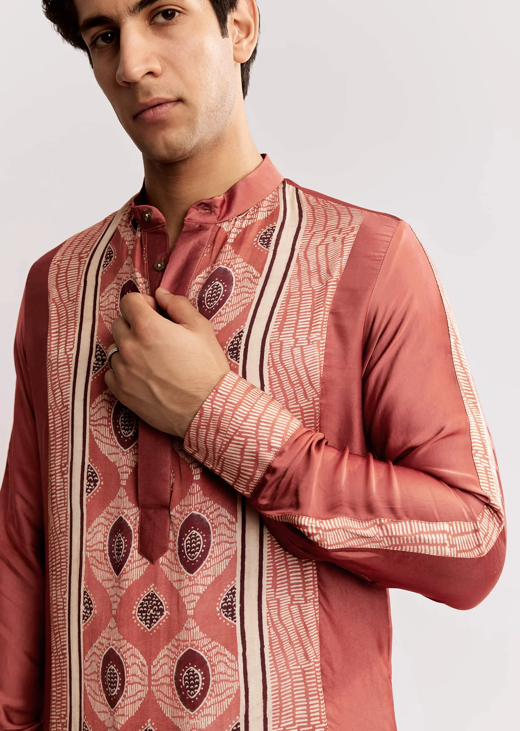 Grey Silk Ajrakh Printed Kurta Set