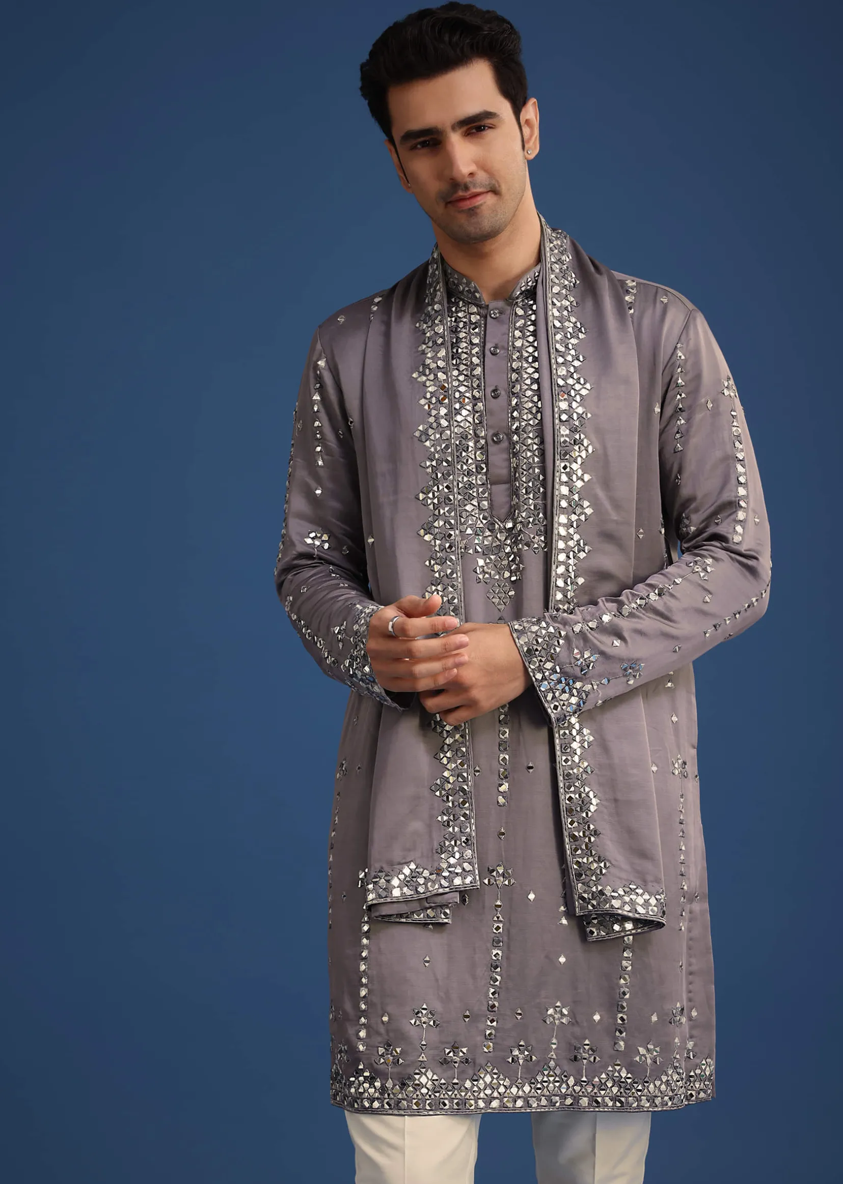 Grey Silk Blend Mirror Work Kurta Set With Dupatta