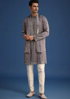 Grey Silk Blend Mirror Work Kurta Set With Dupatta