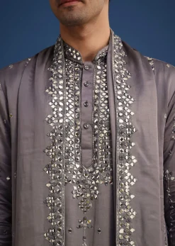 Grey Silk Blend Mirror Work Kurta Set With Dupatta