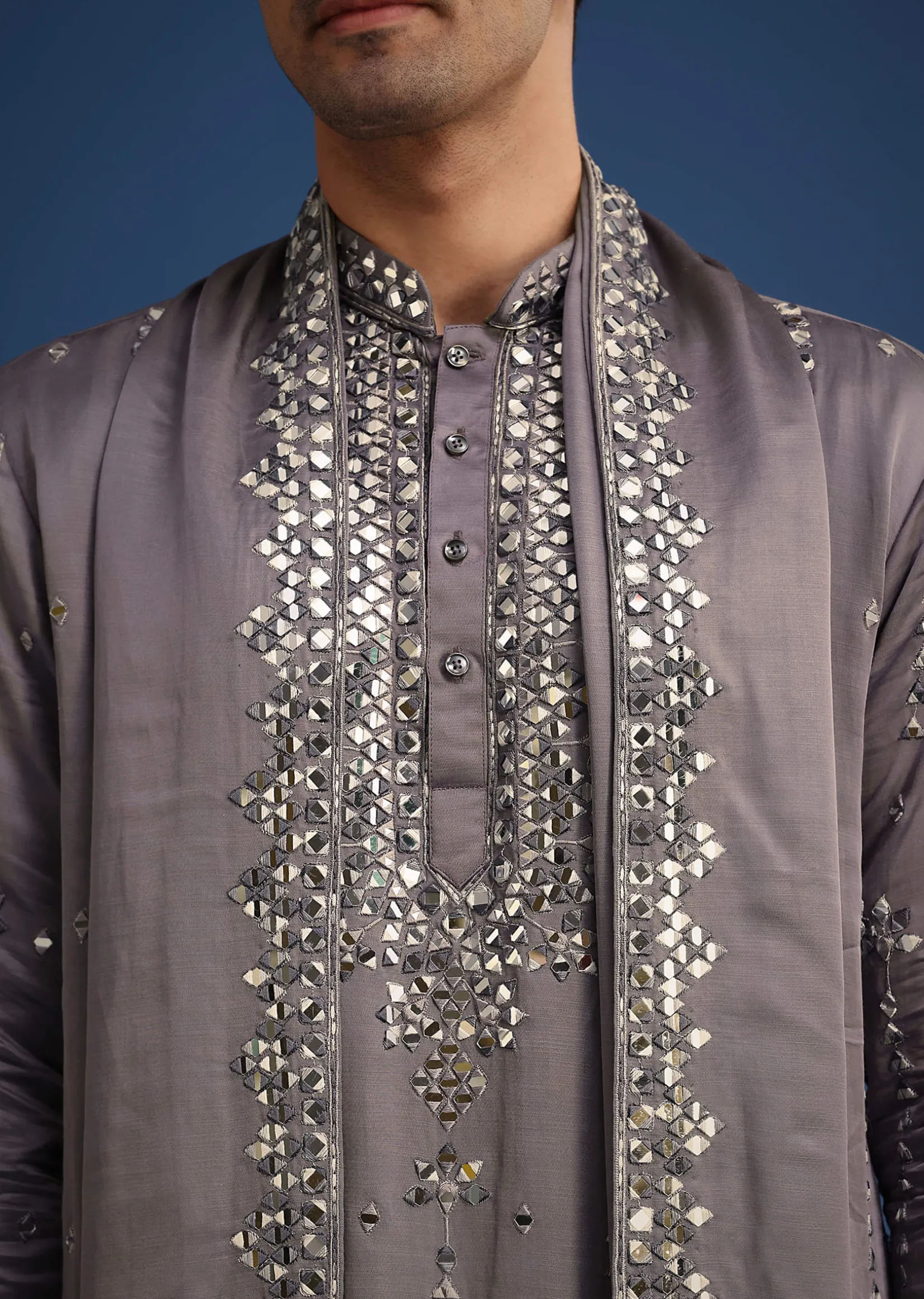 Grey Silk Blend Mirror Work Kurta Set With Dupatta