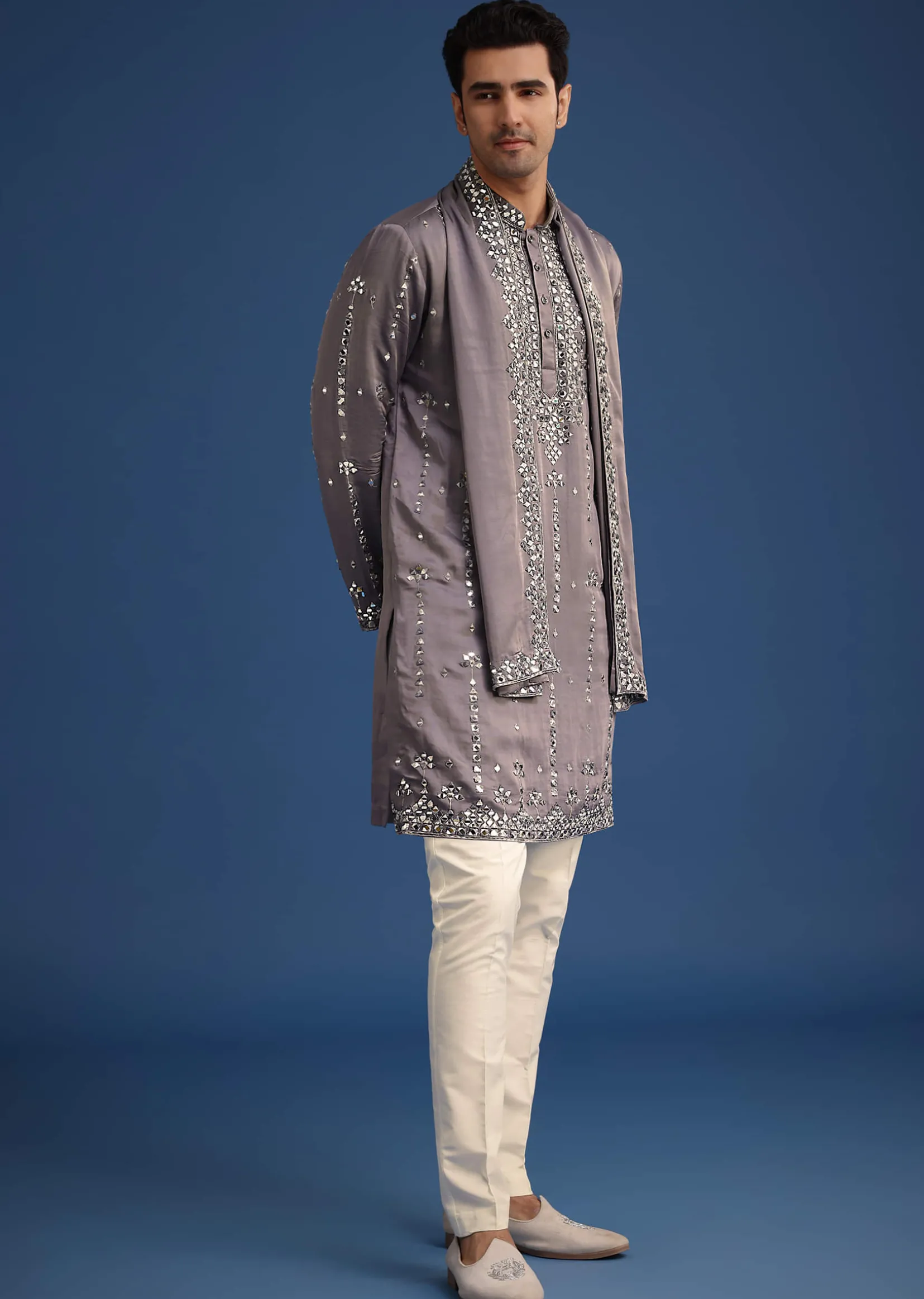 Grey Silk Blend Mirror Work Kurta Set With Dupatta
