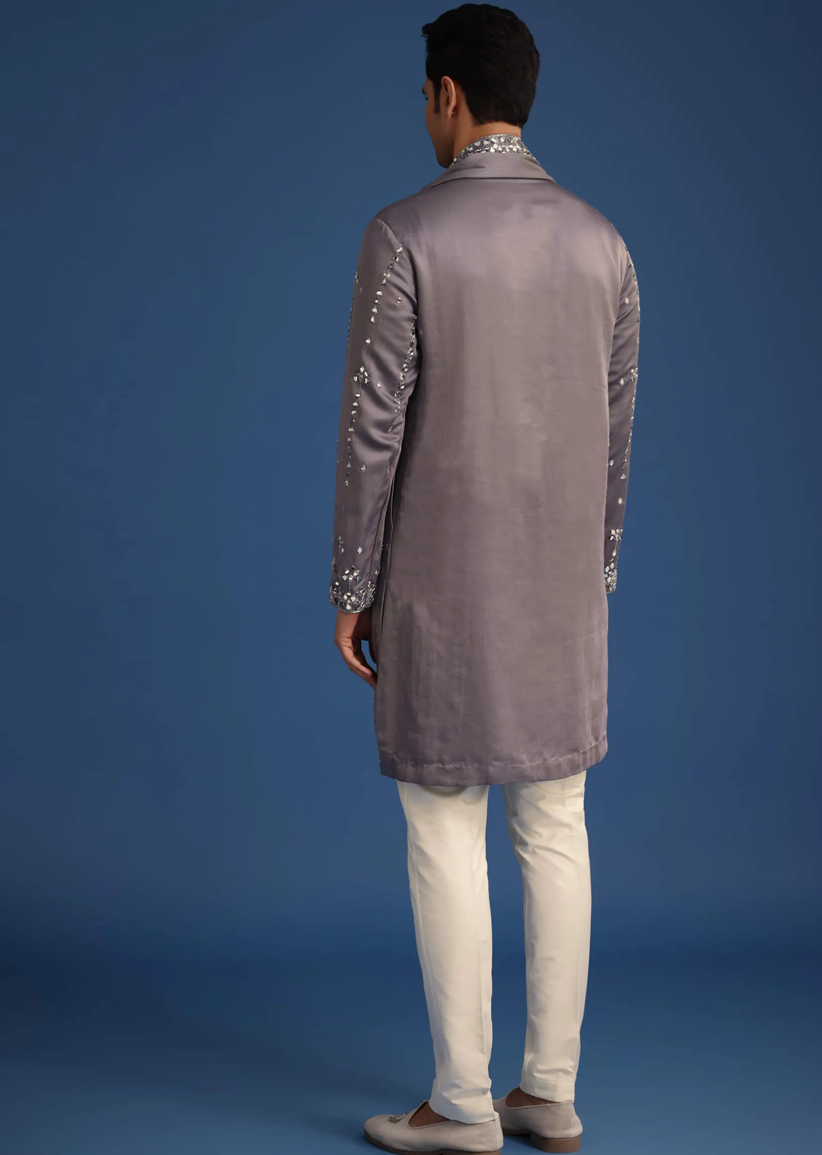 Grey Silk Blend Mirror Work Kurta Set With Dupatta