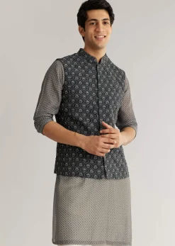 Grey Silk Cutdana Sequins Kurta Jacket Set