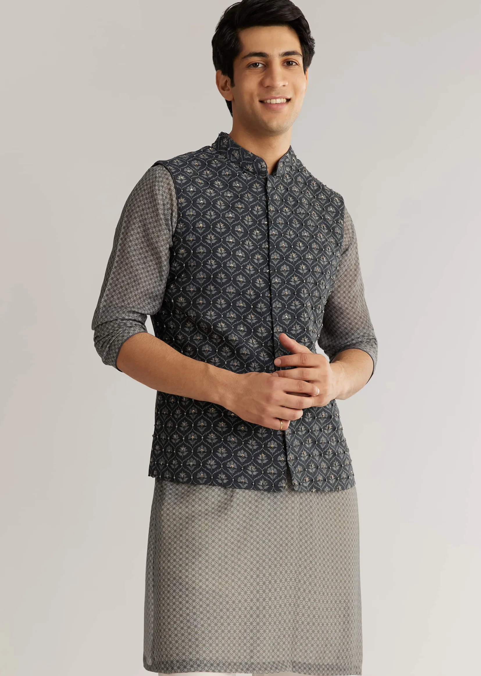 Grey Silk Cutdana Sequins Kurta Jacket Set