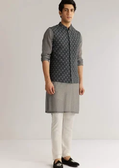 Grey Silk Cutdana Sequins Kurta Jacket Set