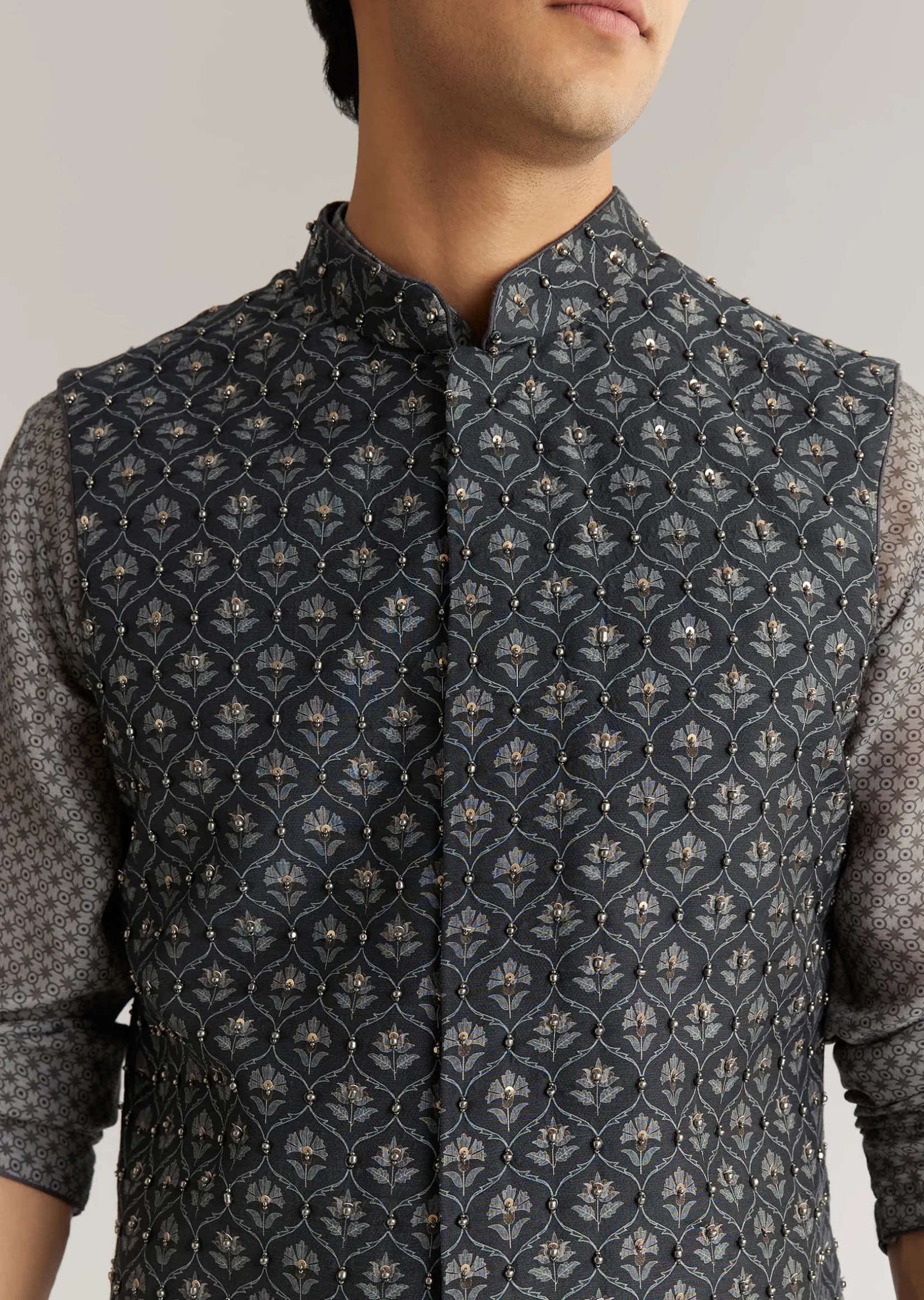 Grey Silk Cutdana Sequins Kurta Jacket Set