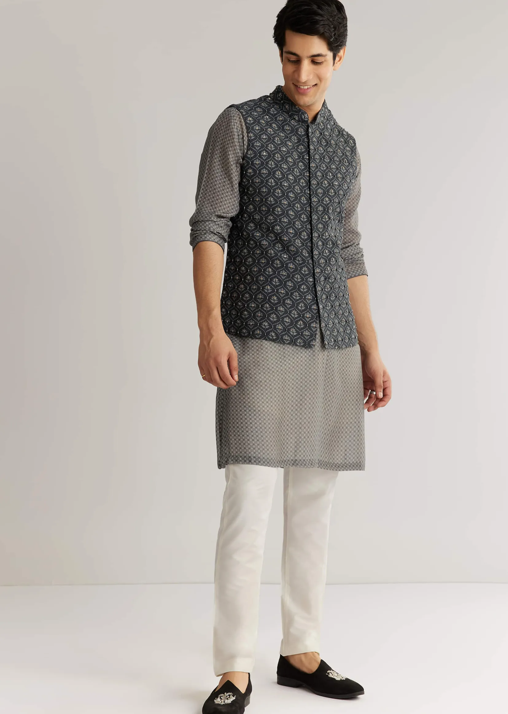 Grey Silk Cutdana Sequins Kurta Jacket Set