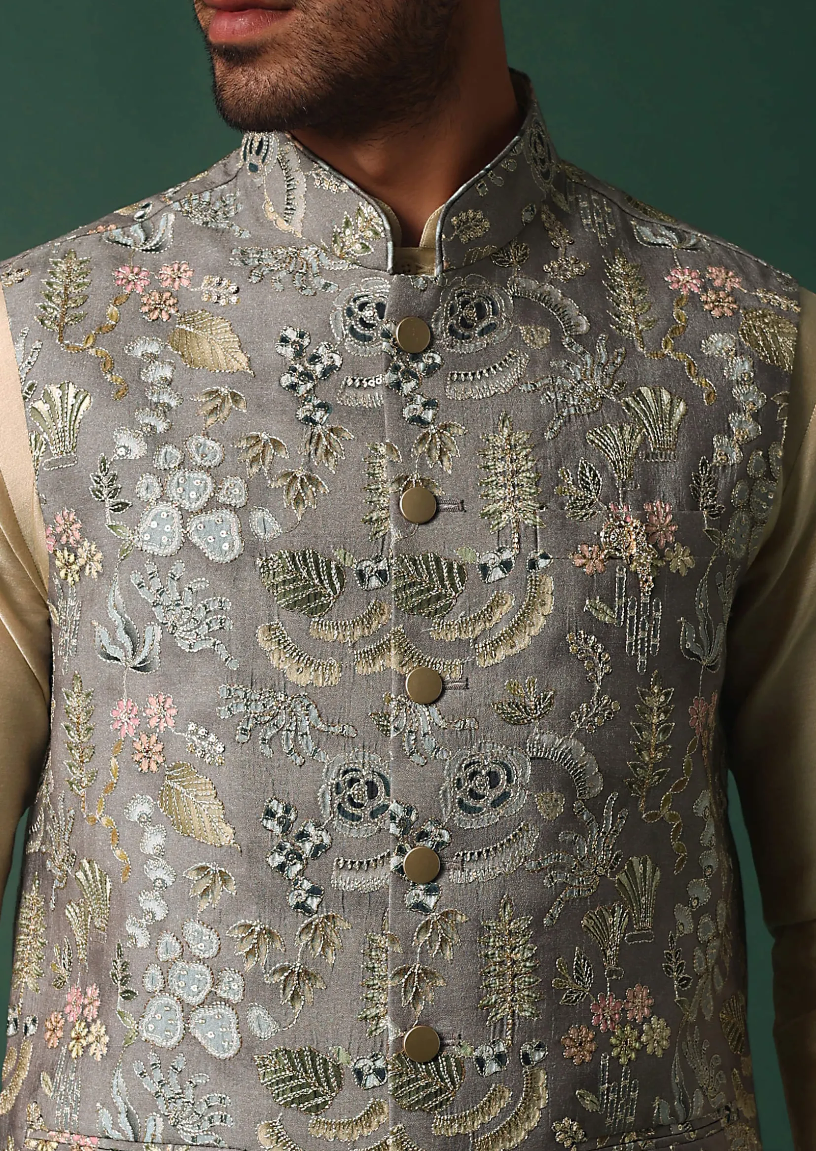 Grey Silk Jacket Kurta Set With Intricate Thread Work
