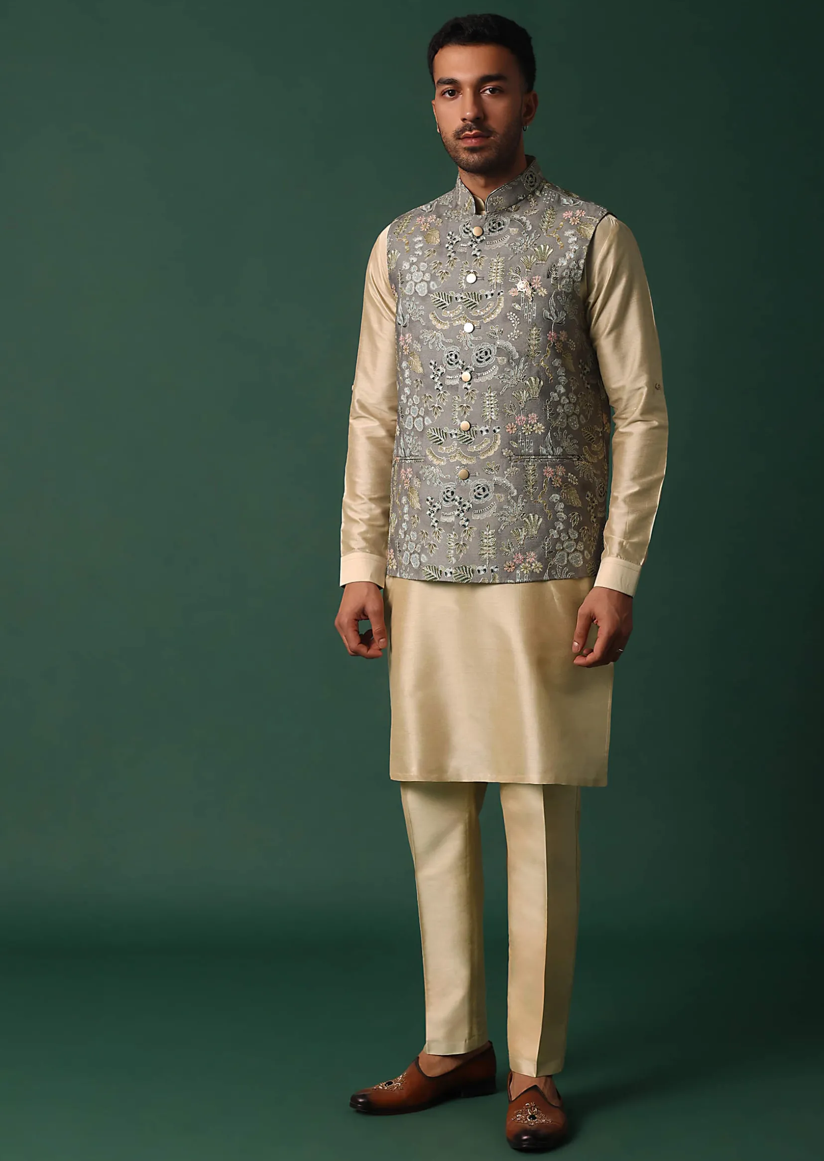 Grey Silk Jacket Kurta Set With Intricate Thread Work