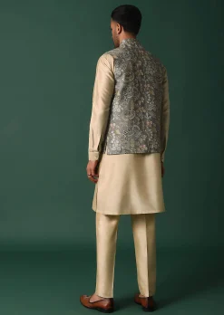Grey Silk Jacket Kurta Set With Intricate Thread Work