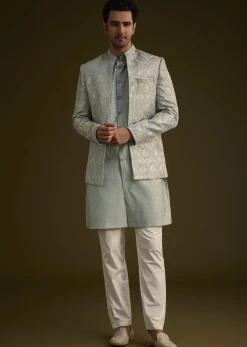 Grey Silk Jodhpuri Suit Featuring Foil Print