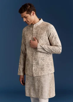 Grey Silk Kurta Jacket Set With Sequins And Moti Detailing
