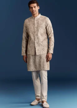 Grey Silk Kurta Jacket Set With Sequins And Moti Detailing