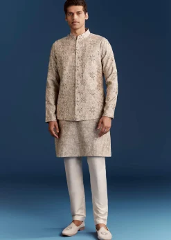 Grey Silk Kurta Jacket Set With Sequins And Moti Detailing