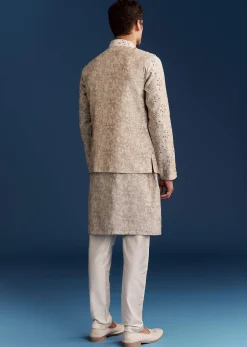Grey Silk Kurta Jacket Set With Sequins And Moti Detailing