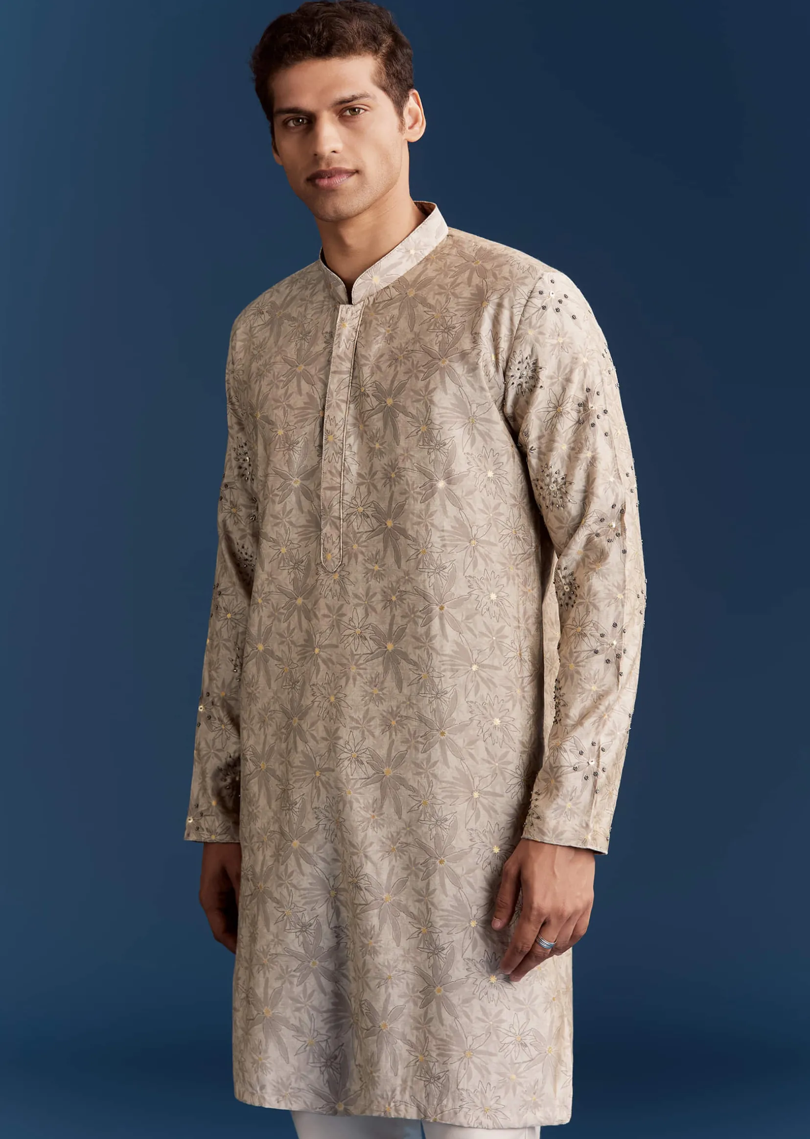 Grey Silk Kurta Jacket Set With Sequins And Moti Detailing