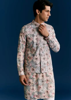 Grey Silk Kurta Jacket Set With Sequins And Thread Embroidery