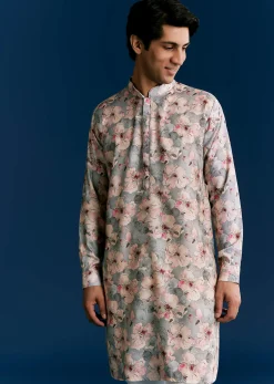 Grey Silk Kurta Jacket Set With Sequins And Thread Embroidery