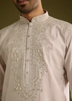Grey Silk Kurta Set With Mirror And Thread Work