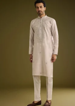 Grey Silk Kurta Set With Mirror And Thread Work