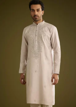 Grey Silk Kurta Set With Mirror And Thread Work