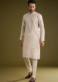 Grey Silk Kurta Set With Mirror And Thread Work